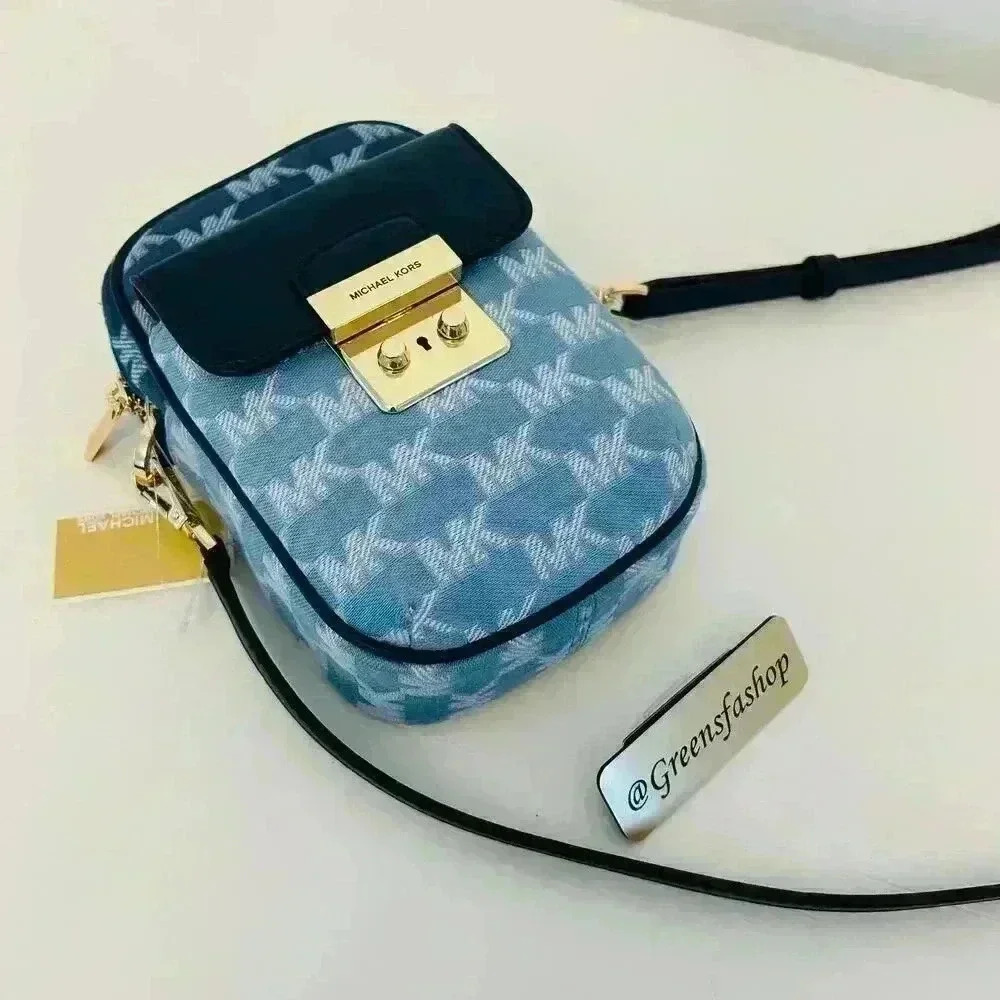 Michael Kors Sloan Editor Purse Small Phone Logo Jacquard Crossbody Navy
